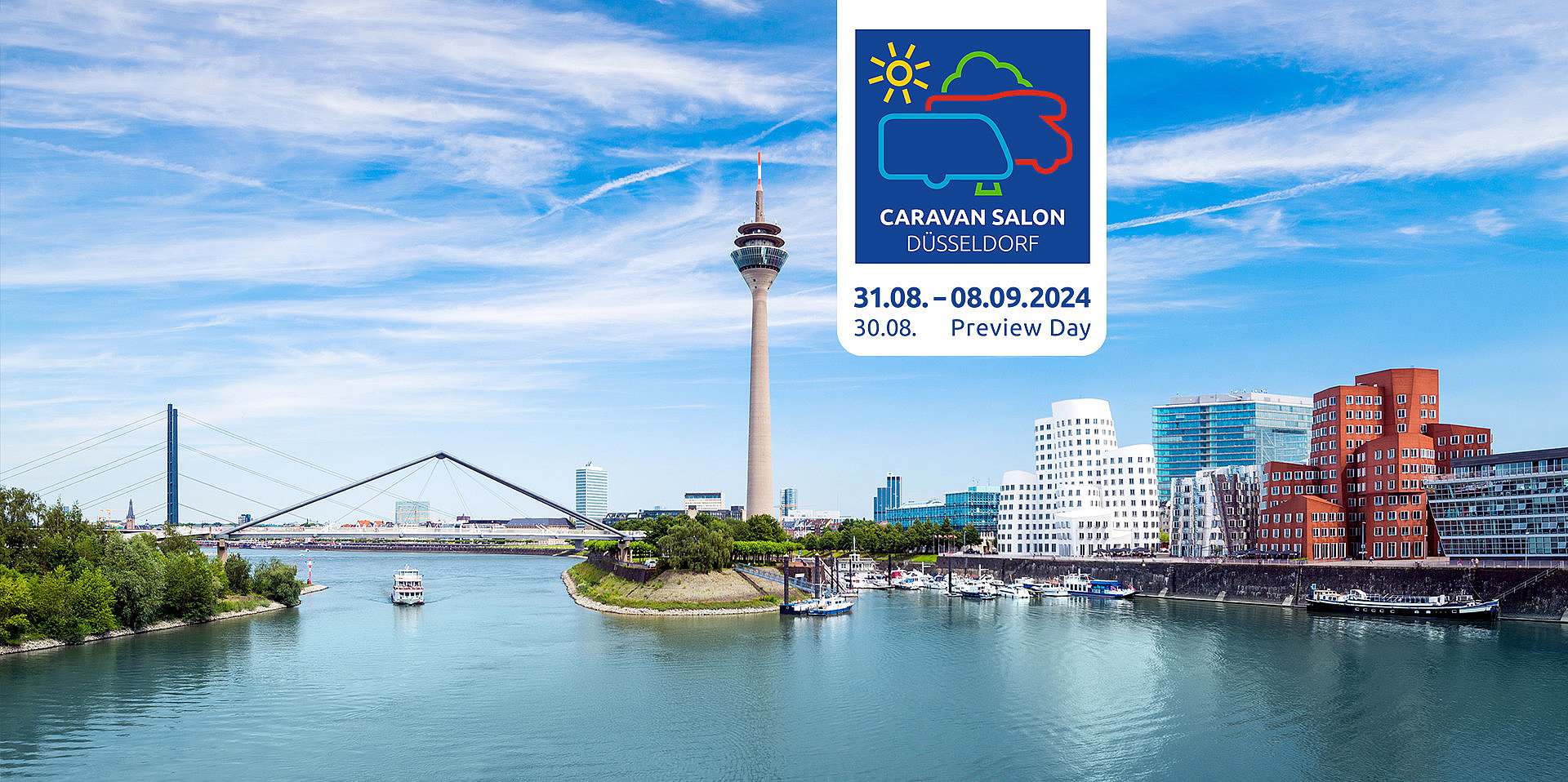 Panoramabild Düsseldorf mit Hinweis zum Caravan Salon 2024.